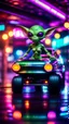 Placeholder: sexy dragster stunt alien gremlin posing on a hipster car parked in dark neon lit reflective wet arcade hall tunnel,bokeh like f/0.8, tilt-shift lens 8k, high detail, smooth render, down-light, unreal engine, prize winning