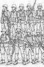 Placeholder: Outline art for coloring page OF A SET OF TOY ARMY SOLDIERS, coloring page, white background, Sketch style, only use outline, clean line art, white background, no shadows, no shading, no color, clear