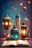 Placeholder: Ramadan lantern with mosqueMosque, with Ramadan lantern, and the Qur’an, a world of bubbles in a world of colors