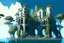 Placeholder: A futuristic ruined gothic building on an island floating over the sea with balconies, verandas, many arches, bridges, spires, paths, trees, dense foliage, spanish moss, ivy, blue sky, white clouds