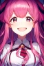 Placeholder: anime, female, young, assistant, cheerful, facing the camera, center in portrait, pink haired, long hair