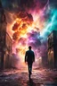 Placeholder: Young man walking towards a building that is exploding at night, with coloured auras and lightning around him