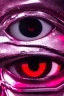 Placeholder: Extreme close-up of the eyes of a robot, soulless, gleaming metallic pink to metallic red, cyberpunk technopunk AbstractTech, rectangular