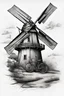 Placeholder: A modern realism tattoo design black and gray with very defined details of a dutch windmill and a bike vector image with white background