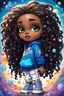 Placeholder: Create an colorful psychedelic comic book illustration of a chibi cartoon black female thick curvy wearing a cut of blue and white hoodie and white jeans and timberland boots. Prominent make up with long lashes and hazel eyes. Highly detailed shiny sister locs. Background of a large bubbles all around her