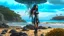 Placeholder: A long-haired woman in a robotic-looking catsuit standing on a beach of a rocky landscape with flying mushrooms with jellyfish tentacles and a crashed spaceship in the distance, with a forest beyond