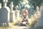 Placeholder: cute chibi anime cat girl in the graveyard, sadly sitting next to a grave, flowers in her hand in sunshine, ethereal, otherwordly, cinematic postprocessing, bokeh, dof