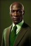 Placeholder: realistic Portrait of a man in his late forties. He wears a brown suit and a green tie and he is bald. dark skin. he looks like a politcian