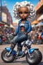 Placeholder: airbrush illustration of the chibi cartoon character, a voluptuous black female in a blue jean outfit with biker boots. Her prominent makeup and hazel eyes, along with her detailed platinum blonde bantu knots, are featured in this image, set against the background of a lively bike show.