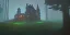 Placeholder: Ruined overgrown small castle in a dense coniferous forest, dynamic lighting, night, misty