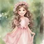 Placeholder: watercolor, full body, cute smile girl, curly hair, big eyes, long brown hair, pink dress, pink shoes, white backgrownd