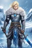 Placeholder: 1 anime man. warrior, with blue eyes and blonde hair man in silver Viking armor with fur around the neck with blue crystal on his chest, standing in water in the artic, holding a ice axe, warrior in ,anime style