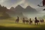 Placeholder: illustration fantasy horses of different colors in a field from afar