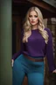 Placeholder: beautiful 18 year old girl with ash blonde hair and blue eyes with her curvy hair down, wearing a long-sleeved woollen top, and lilac long leggings, with long red boots full body shot