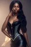 Placeholder: A portrait of a beautiful youthful black woman, wearing a corset, long silky black hair, wizard, magical, ethereal, soft bright lighting. Concept art by wlop. Ultra quality 8k. Fantasy setting.