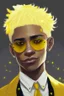 Placeholder: Realistic young man with fluffy yellow hair, big black eyes, yellow freckles, small black earrings, smirk, light brown skin, yellow tuxedo, yellow star sunglasses on head