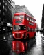 Placeholder: arafed red double decker bus on a city street in the rain, selective color effect, red selective coloring, colour splash, on a wet london street, london bus, black and white and red colors, * colour splash *, monochrome and red color bleed, black white and red colors, color splash, red and black and white, black and white and red