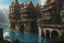 Placeholder: medieval buildings with balconies overhanging lake edge with blue sky and people, photorealism detailed matte painting, fantastical, intricate detail, splash screen, concept art