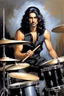 Placeholder: 30-year-old George Criscuola (Drummer) with shoulder length, wavy, straight black and gray hair, with his face made up to look like a cat's face, red lipstick - in the art style of Boris Vallejo, Frank Frazetta, Julie bell, Caravaggio, Rembrandt, Michelangelo, Picasso, Gilbert Stuart, Gerald Brom, Thomas Kinkade, Neal Adams, Jim Lee, Sanjulian, Thomas Kinkade, Jim Lee, Alex Ross,