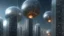 Placeholder: In a futuristic city, massive spheres made of spiders hang between skyscrapers, suspended by glowing threads.