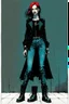 Placeholder: Create and fine print full body illustration of a Goth Girl with finely lined and detailed facial features in a ragged gothic dress ,battered combat boots, , in the graphic novel style of Bill Sienkiewicz, and Jean Giraud Moebius, precisely drawn, colored and inked