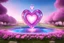 Placeholder: magic brightness piramidal structure coloured of light and bluebeam with an heart at the interior. the bakground is in a fairy lawn with pink flowers, crystal and a with lightness sky