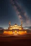 Placeholder: photographic realism. a beautiful Arabic scene in the middle of a desert. atmospheric. huge palace and immense view of the night sky.