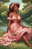 Placeholder: An art nouveau painting art illustration of a curvy black cartoon woman sitting relaxed on a sunny riverbank, lush green grass surrounding her. Facing left in profile, she has flowing chestnut hair styled in an elaborate braided twist. complementing the pink floral maxi dress wrapped snugly around her exaggerated curves. One hand touches her cheek lightly as she looks to the distance, brown eyes enhanced by long lashes and purple eyeshadow. Bold brown lips match the brown flowers on her dress