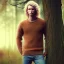 Placeholder: a full picture of a tall skinny man with blonde and frizzy hair wearing a woolen sweater standing outside in nature