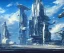 Placeholder: Spaceship starting from a Spaceport on a heavy industrialized planet, art by John Berkey, buildings with glass facades, insanely detailed, vibrant, 8k uhd, ultra-wide angle, street level view, brush strokes, blue sky with clouds