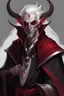 Placeholder: lowborn male dark-red skin demon tiefling white hair dark cloak dnd