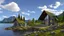 Placeholder: small gothic house built into a rock, lake, trees, arches, bridge, foliage, balconies, verandas, blue sky, white clouds