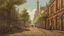 Placeholder: industrial steampunk street with cobbled pavement, people, trees