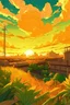 Placeholder: overhead shot, scify city, evening time , sun set, plants, grasses, orange, yellow sky, dynamic white clouds, magnificent, vibrant, hdr, 4k, 8k, anime style, vector art, low angle shot, aesthetic, Mysterious sketch