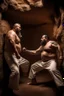 Placeholder: full figure shot photography of two chubby stocky arabs prisoners fighting close, 49 years old in white boxer and dirty tank top, short hair, beard, hairy, sweat, tattoo, in a dark cave, ugly, bullneck, muscular, manly chest, manly arms, emotive eyes, photorealistic, ultradetailed, 32k, ambient occlusion, lit by bonfire, misery and poverty, side view from below