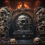 Placeholder: DJ of the damnded, insanely detailed DJ booth in hell, MID set, speakers and equipment made of bone, anatomically correct, add more skulls in th audience, photorealism, vray, 8k 3d