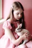 Placeholder: girl with a rabbit, in pink tones, referring to Alice in Wonderland, pale tones, behind the girl a carava also in pink, photography