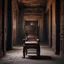 Placeholder: Hyper Realistic traditional ancient chair between a huge dark hallway of a historical Indian palace with peeling wall paints at night