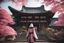 Placeholder: a japanese girl in assassin creed costume satnding in a temple surrounded with trees with pink leaves