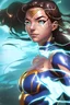 Placeholder: A female superhero with water powers close up