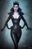 Placeholder: Hannah Waddingham as evil queen in black leather, busty, cleavage, voluptous, rebecca Welton, angry, stern look. character design by cory loftis, fenghua zhong, ryohei hase, ismail inceoglu and ruan jia. unreal engine 5, artistic lighting, highly detailed, photorealistic, fantasy