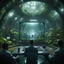 Placeholder: a video conference on transparent video screen with multiple sick aliens held by a scientist in dark lit reflective wet jungle metallic hall dome hotel tunnel, in the style of a fallout 4,bokeh like f/0.8, tilt-shift lens 8k, high detail, smooth render, down-light, unreal engine, prize winning