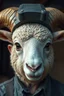 Placeholder: with heading (autofarm) in poster form,a portrait of a fat head mechanic sheepman, man is eating a hybrid mixed body part sheep, giant eyes sheep alien style H.R giger look. as one head, shot nose