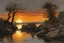 Placeholder: sunset, rocks, trees, dark fantasy influence, ludwig dettman, and willem maris impressionism paintings