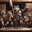 Placeholder: A group of anthropomorphic wolves react in surprise as one large hammer flies in the air against the wall of the wooden building. in the background other anthropomorphic wolves watch the scene unfold with expressions of shock and with surprise faces. one young anthropomorphic wolf in bodyhair stands in the foreground held up empty two paws, high realistic, detailed,dark fantasy mood, rain, cinematic