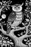 Placeholder: A cute owl nestled in the hollow of an ancient tree, surrounded by a starlit night sky, twinkling fireflies, and the hoots of distant companions with a pencil sketch in black and white for coloring book with floral backgorund