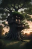 Placeholder: An ominous dark tree house, with dark windows. tree full of green leaves. show the whole roof of the tree house. place the house near the top of the tree with a long rope ladder to the ground. the time of day is sunset. in someone's back yard. the tree is large. show sky underneath the leaves and treehouse, around the trunk. make the house only one story tall.