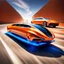 Placeholder: award winning car and driver photograph of a futuristic station wagon dirigibl+ hybrid designed by only one vehicle per image painted metallic orange traveling at a high rate of speed, jet intake off of front center of vehicle and jet exhaust out the rear with bright blue flame, bilaterally symetrical, more a high speed road vehicle