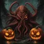 Placeholder: Lovecraftian Cthulhu Jack-O-Lantern, dramatic expansive horror masterpiece, by Greg Rutkowski, by Jeremy Mann, by Mike Dubisch, vibrant dark colors, hyperdetailed wet brush matte painting; dramatic, deep red-black-orange colors.