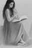 Placeholder: Pencil sketch of Young woman, Arab features,sad, long wavy hair, reading a book, full body، on lined paper